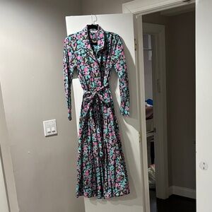 Roller Rabbit Teal & Pink Floral Long-Sleeve Wrap Maxi Dress